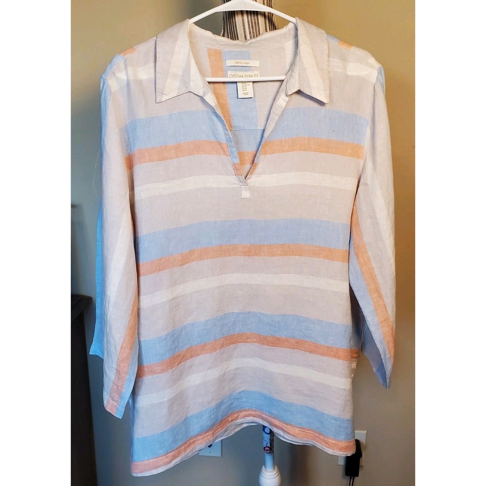 Cynthia Rowley Women XL 100% Linen Striped V Neck Tunic Long Sleeve Blue